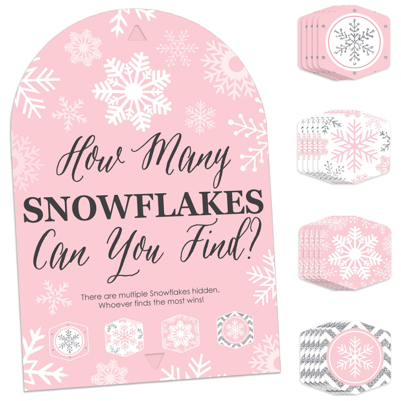 Big Dot of Happiness Pink Winter Wonderland Snowflake Birthday Party and Baby Shower Scavenger Hunt - 1 Stand and 48 Game Pieces - Hide and Find Game